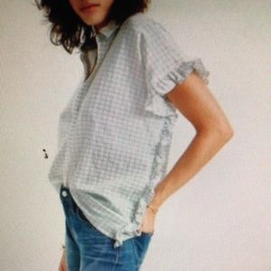 Madewell Windowpane Side  Ruffle  Oversized Boxy Top Sz S